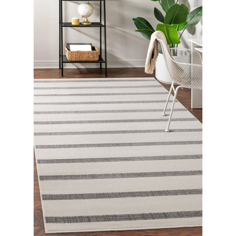 Wum Striped Machine Woven Polypropylene Area Rug In Gray/White, Rectangle 5'3" x 7'7", Gray/White