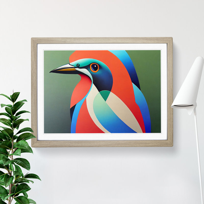 XH1022-648X Angelical Kingfisher Bird Abstract - Single Picture Frame Painting, Oak, 34cm H x 46cm W x 2cm D