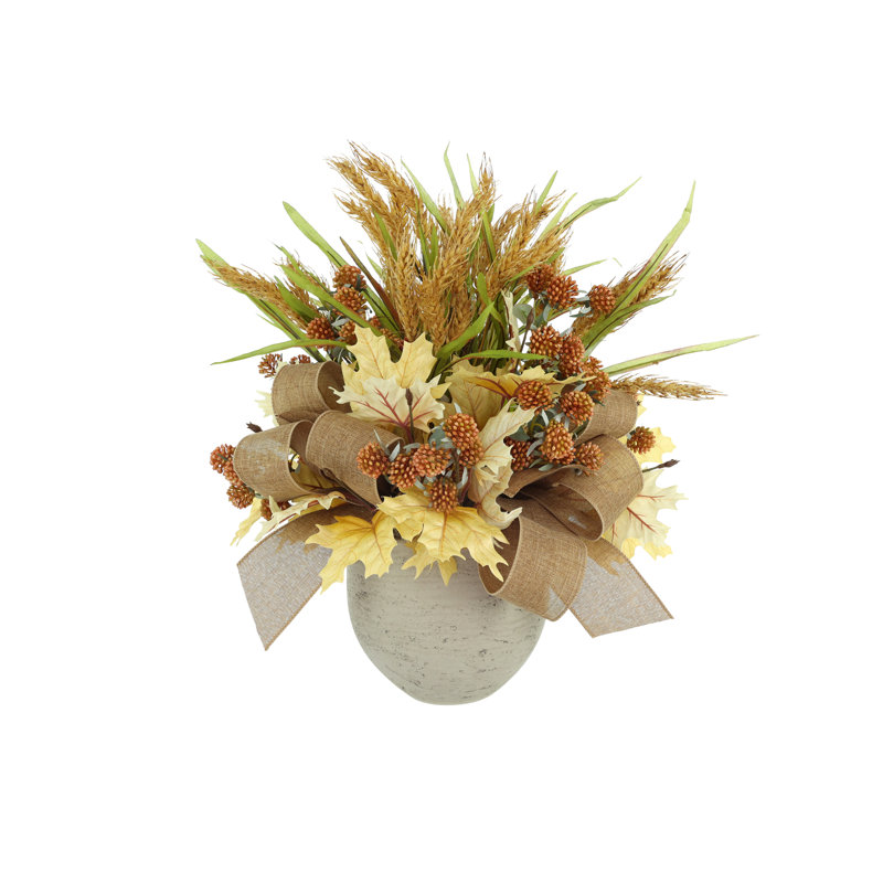 Maple Leaf, Berry and Wheat Fall Arrangement with Burlap Bows