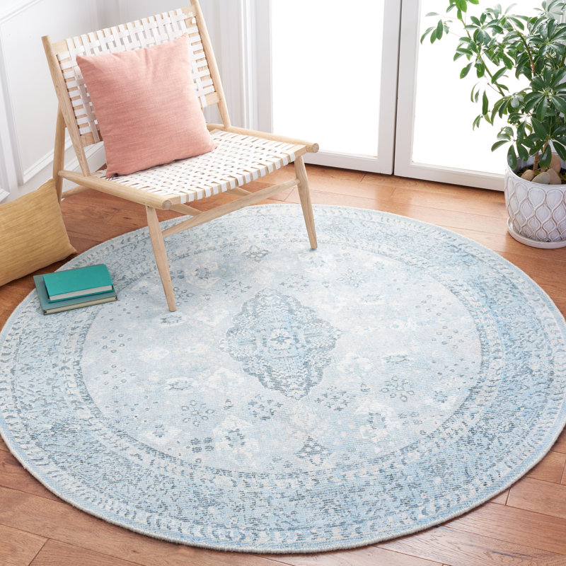 Tapis oriental gris / bleu clair en laine / viscose tissé à la main Panola, Rond 6 pi