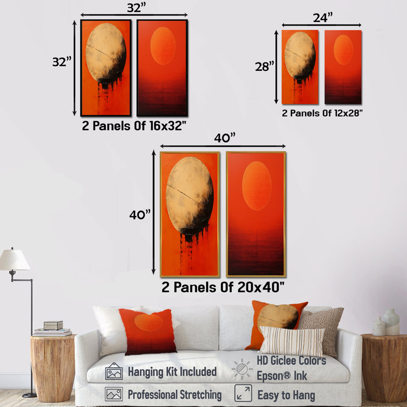 Persimmon Presence Moon - ensemble de 2 reproductions d'art mural lune, Encadrement doré, H 32 po x l 33 po