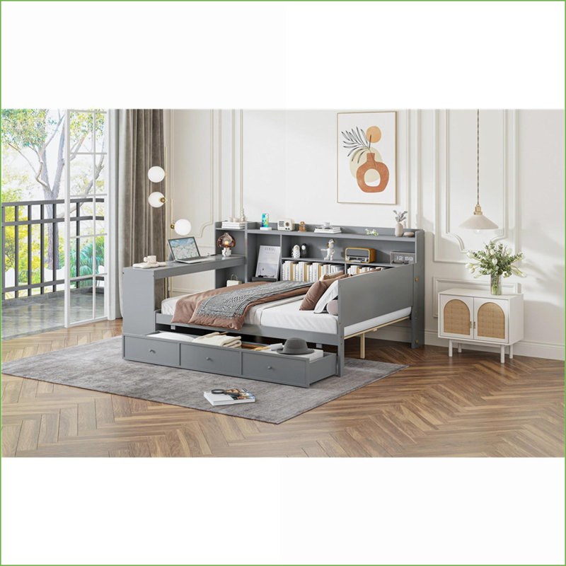 Full Size Pine Wood Storage Daybed with Integrated Desk &amp; USB Ports Gray for Small Spaces