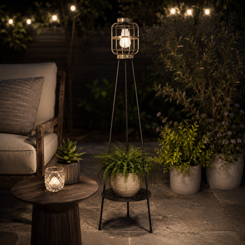 Outdoor Solar Lantern Floor Lamp with Plant Stand, Vintage Black Iron Tripod Patio Light