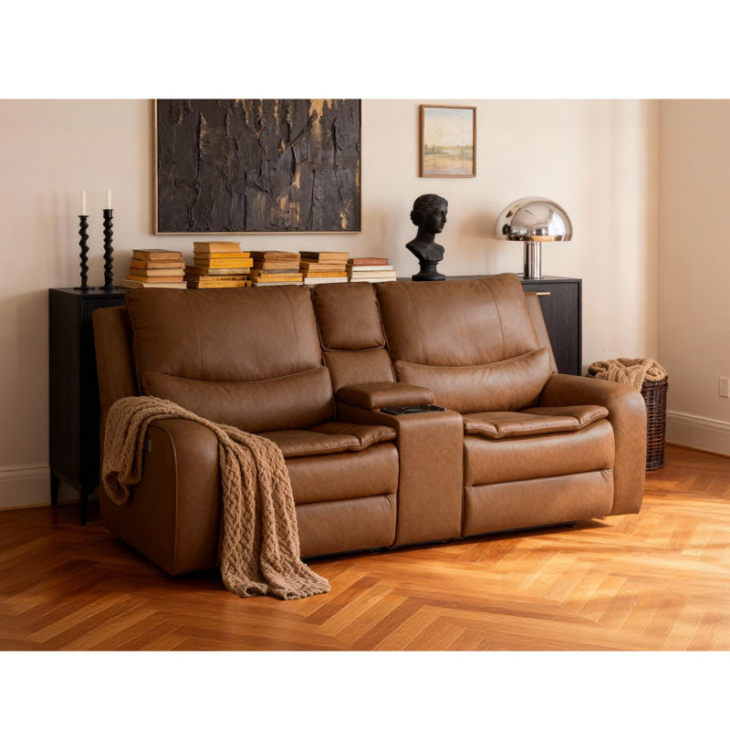 Causeuse inclinable électrique en similicuir 94,5 po avec repose-tête réglable, Similicuir brun clair