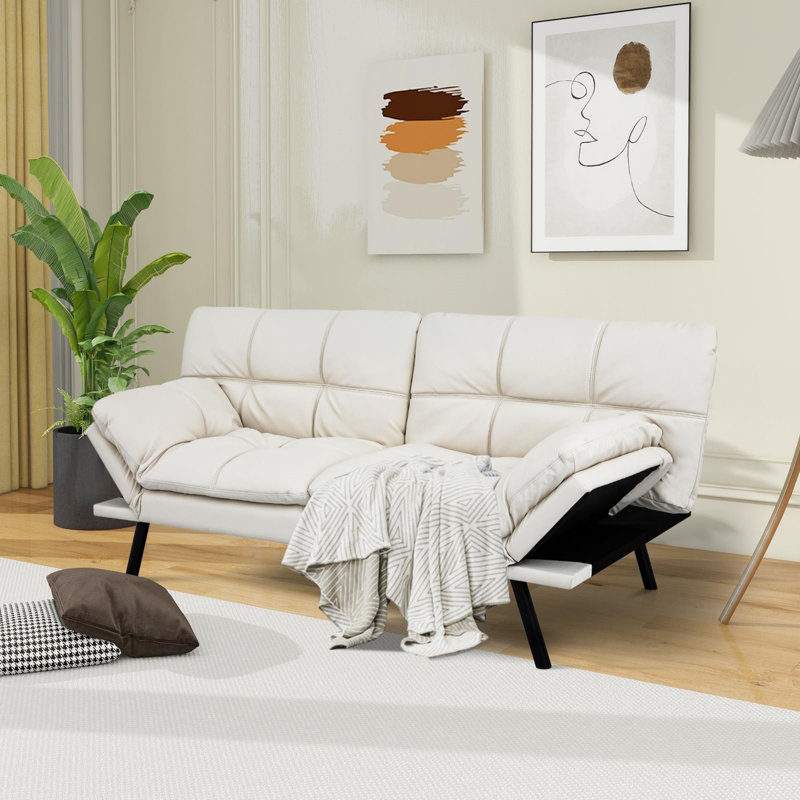 Convertible Futon Sofa, 71'' Compact Loveseat, Small-Space Hero, All-Scene Comfort Pal, White Faux Leather