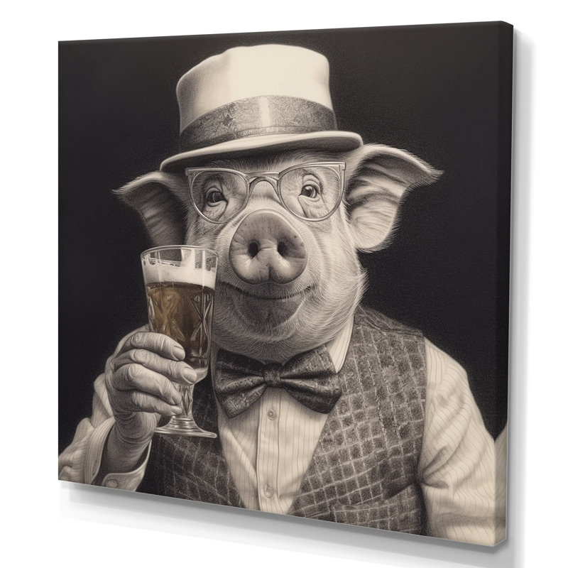 Cochon ayant un verre - Art mural, H 24 po x l 24 po x P 1 po, Toile tendue