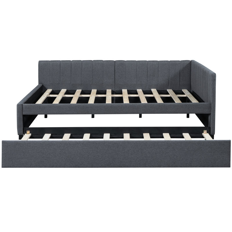 Gray Linen Upholstered Daybed With Trundle, Stable Bed Frame, No Need For Box Spring Full Sized In Needed Long-Term Use And Space Saving