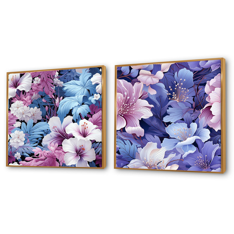 Tranquil Dreamscape - motif tropical - ensemble de 2 collages floraux carrés, Cadre flottant doré, H 30 po x l 61 po