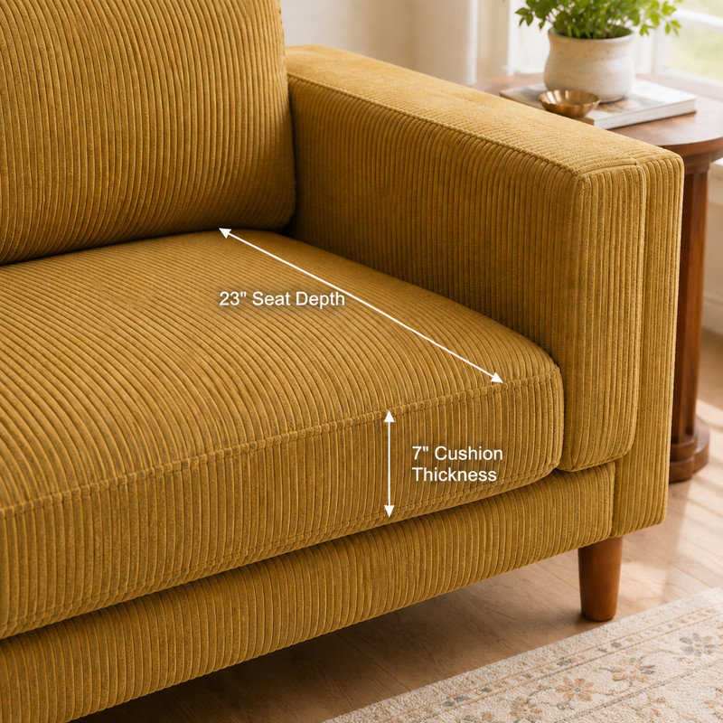 Beige Corduroy Upholstered Square Arm Sofa with Wood Legs, Gingembre gingembre