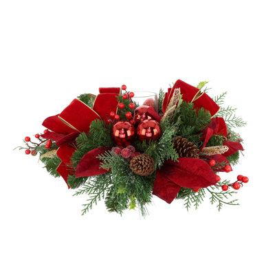 Holiday Candle Holder with Evergreen and Ornaments