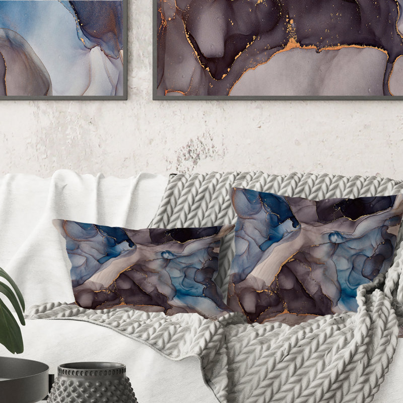 Gris et bleu, art abstrait fluide de luxe - coussin décoratif imprimé moderne, 16 po x 16 po