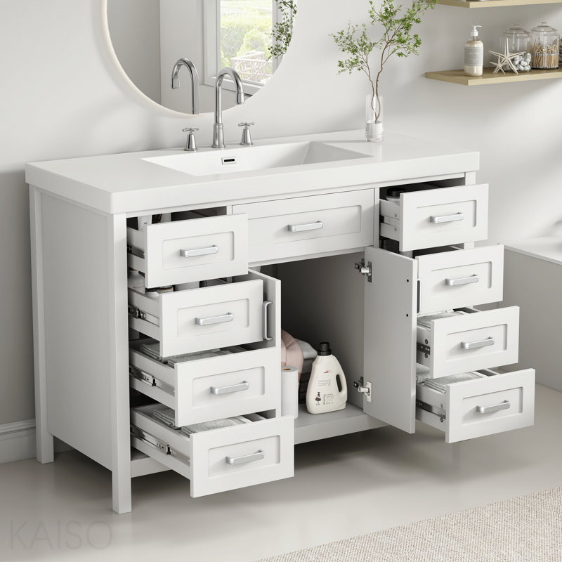 Meuble-lavabo 48 po avec lavabo, 2 portes et 8 tiroirs, système de fermeture en douceur, design classique, blanc, Blanc