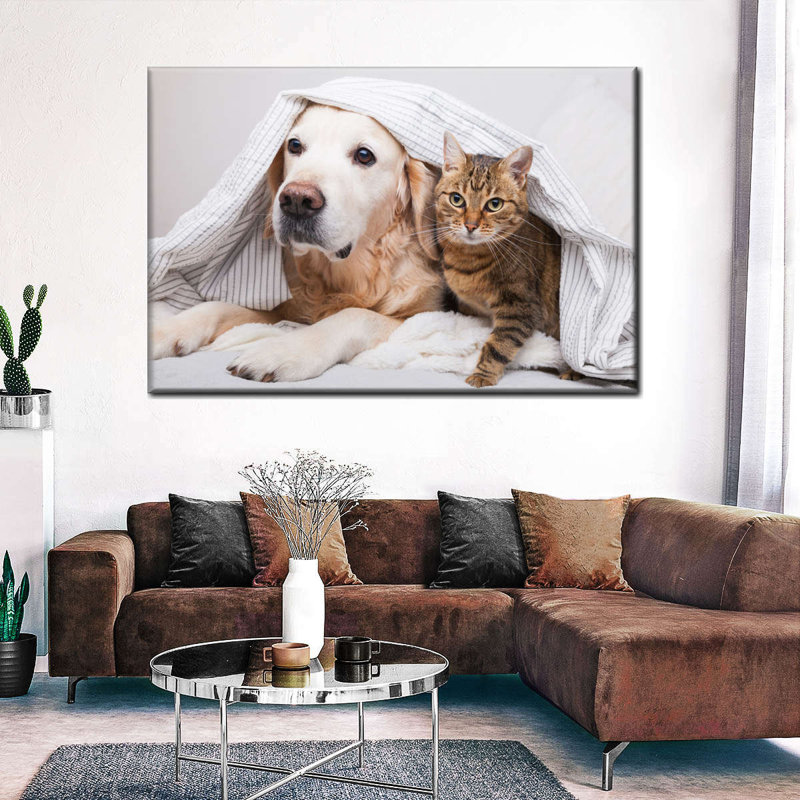 Chien et chat douillet sur toile, H 26 po x l 39 po x P 1,25 po