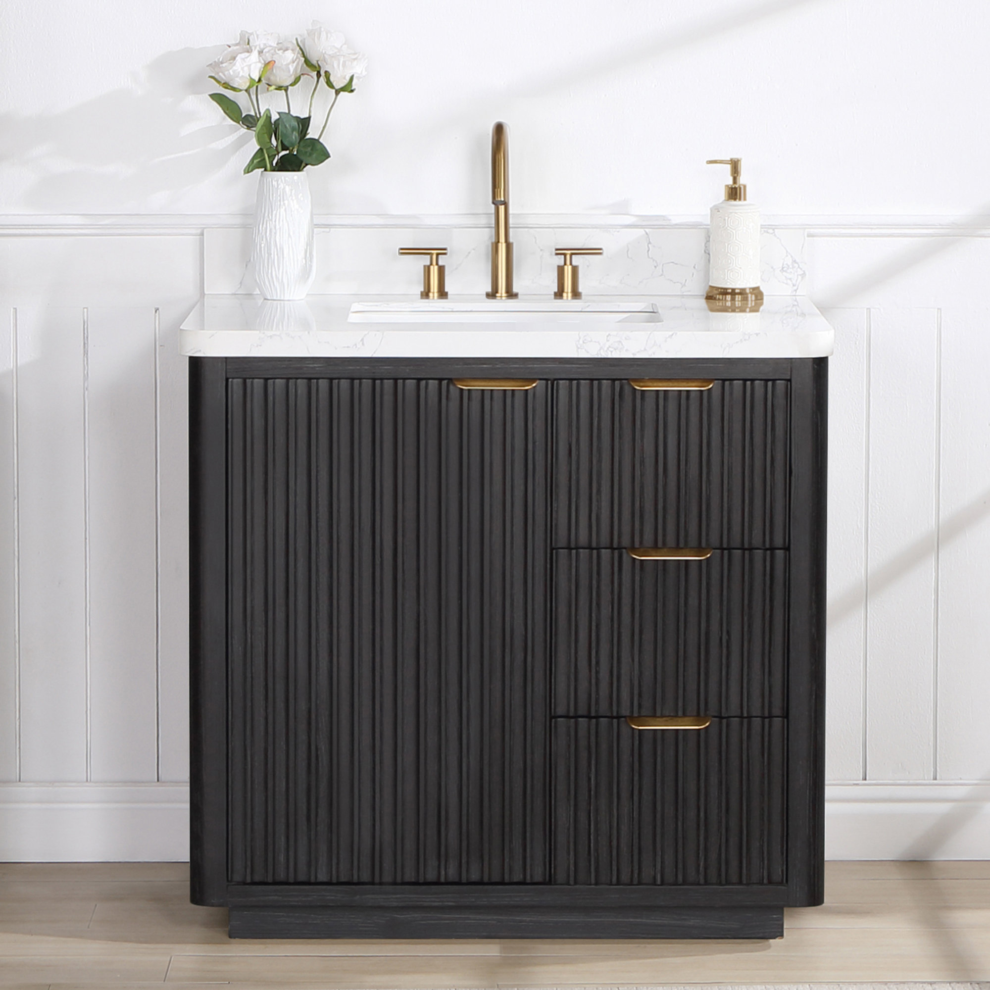 Marble Style, Dark Wood Rectangular Bathroom Accessories Set with Pump –  MyGift