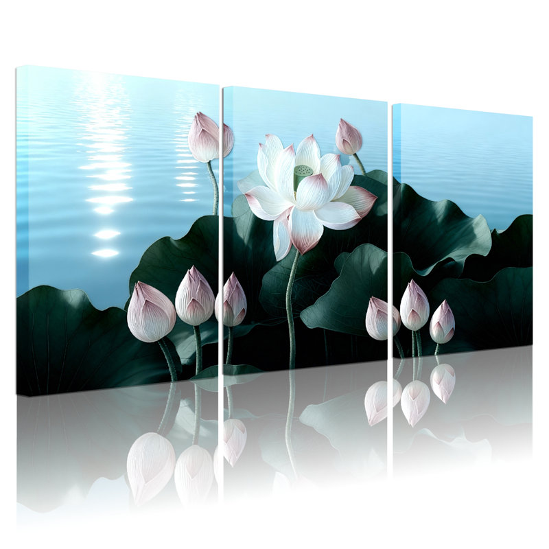 «Lotus Flower Water Reflection», ensemble de 3 reproductions d'art sur toile tendues, H 36 po x l 72 po