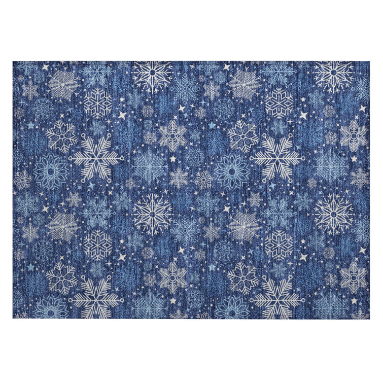 Machine Washable Indoor/Outdoor Christmas Snowflake Xhevrie Navy Rug