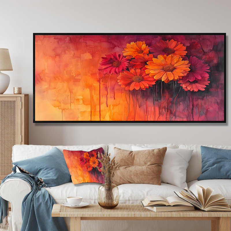 Jacine Sunset Hues Of Abstract Floral, peinture - art floral abstrait sur toile, H 28 po x l 60 po, Noir, noir, noir, noir