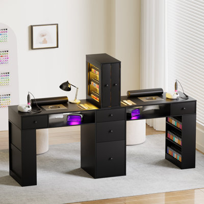 Table de manucure double avec collecteur de poussière, bureau pour deux personnes Nail Tech, table de salon de manucure avec armoire à lumière DEL, tiroirs de rangement, coussin Wirst