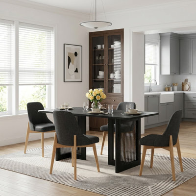 Kowalsky 67" Rectangular Dining Table Set With 4 Upholstered Dining Chairs 5-Piece Rattan Double Pedestal Modern Dining Set