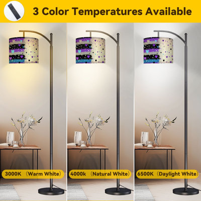 Arc Floor Lamp Purple Black Silver Brush Stroke Heart Glitter Dots Metallic Abstract Floor Lamps with Remote LED Lights Adjustable Lamp Shades Tall Standing Lamps for Reading Office Living Room
