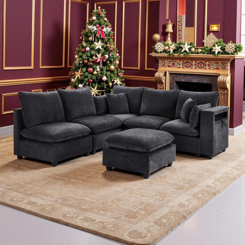 Modular Sectional Sofa With Ottoman & USB Ports Chenille Upholstery, L-Shaped Or U-Shaped Configurable, Black