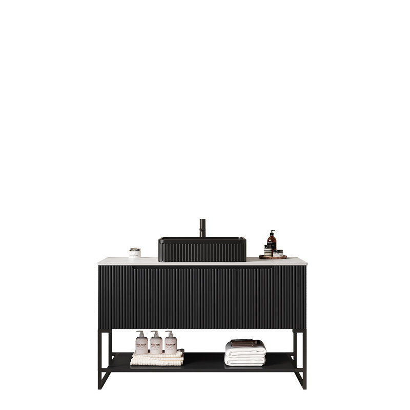 Meuble-lavabo de salle de bain 48 po avec lavabo vasque, armoire de rangement autoportante avec 3 portes et tablette ouverte TULIO, lavabo rectangulaire en céramique noire et comptoir en pierre frittée blanc de Carrare, couleur noire