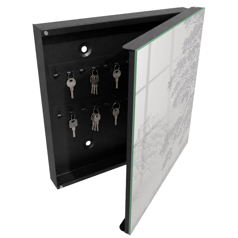 Key storage cabinet, Opens to the right, 30x30x5, Black, A castle and a tree in a delicate landscape, 
