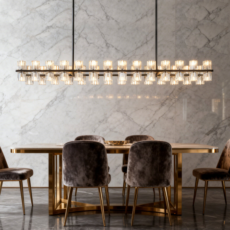 Luxury 56 - Light Large Dimmable Crystal Cup Chandelier Kitchen Island K9 Crystal Linear Chandelier, Matte Black