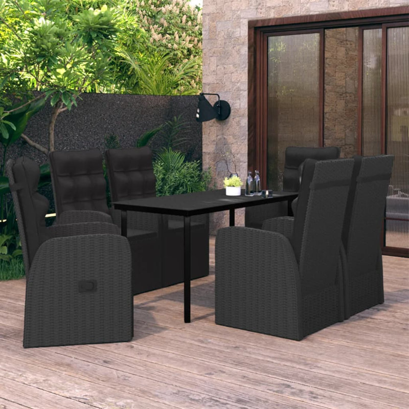  Ensemble de salle à manger de jardin PE rotin noir, acier thermolaqué, verre