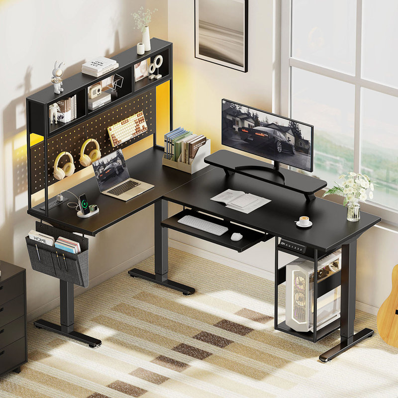 Bureau debout à hauteur réglable en forme de L avec lumières à DEL et prise de courant, avec rangement, Noir