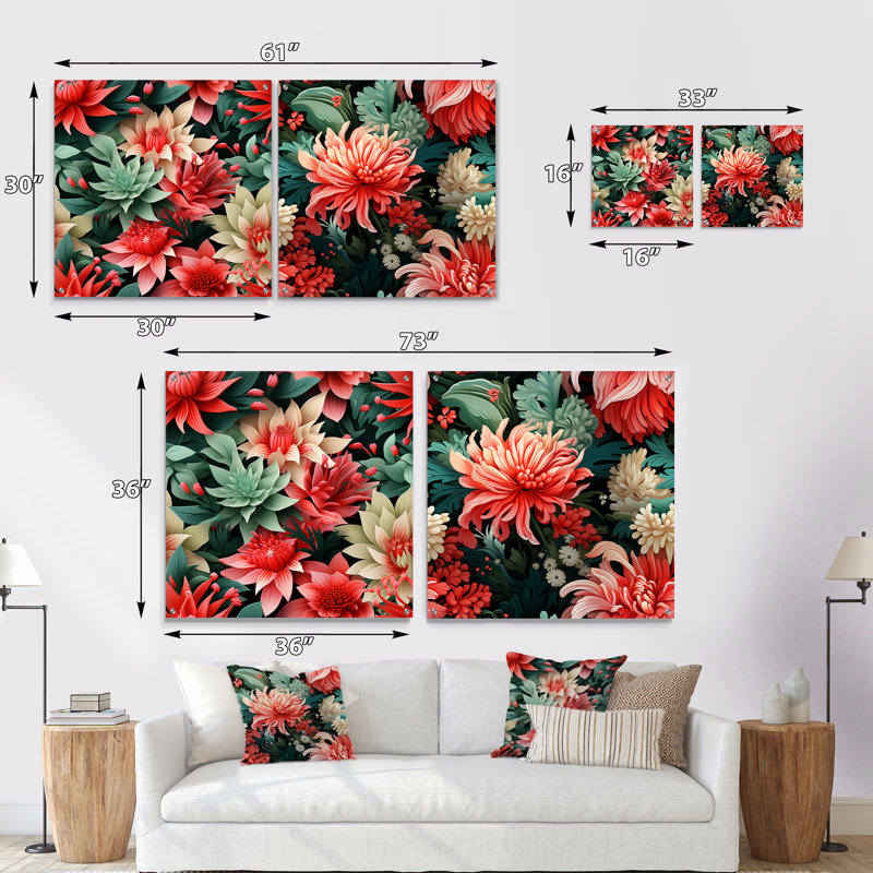 «Tropic Coral Tropical», ensemble de 2 peintures murales en acrylique tropical bord de mer, H 16 po x l 33 po