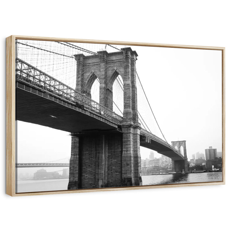 Pont monochromatique de Brooklyn, Cadre flottant en bois naturel, 46 po x 31 po