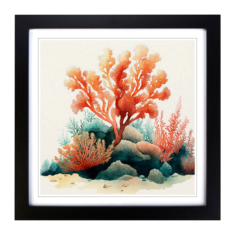 Coral Watercolour - Single Picture Frame Print on Wood, Black