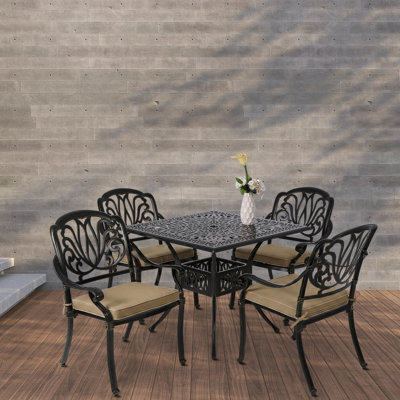 5pcs Cast Aluminum Outdoor Patio Dining Set, All-weather Dining Set For Patio, Garden, Backyard, And Balcony (square Table+4 Elizabeth Chairs)