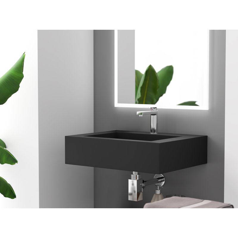 Pyramid 24" Wall-Mounted Modern Bathroom Sink with Ramp Basin - Black, With Faucet Hole, Single , Black