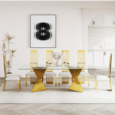 94 Inch Glass And Gold Dining Table With Falcone Stainless Steel Base