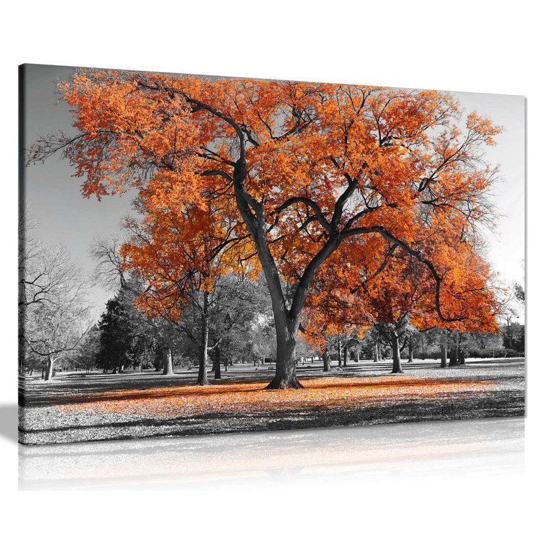 Large Tree Leaves Black White - Wrapped Canvas Print, 51cm H x 76cm W, Orange