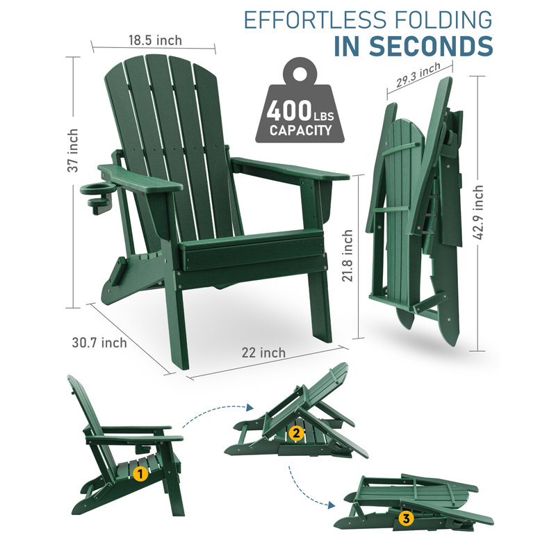 HDPE Folding Adirondack Chair With Cup Holder,Weather-Resistant, Low Maintenance,Supports Up To 400Lbs,,3Pack, Green