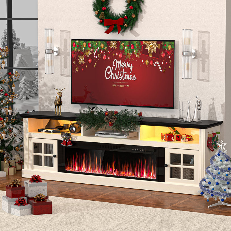 70" Fireplace Tv Stand For Tvs Up To 80" With Storage Cabinets, Entertainment Center With 36" Electric Fireplace, Led Light Tv Consoles For Living Room, Farmhouse Media Console Table, Crystals