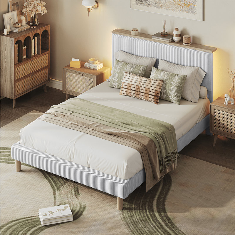 Lit plateforme tapissier Abe avec tête d'éclairage DEL, Double, Beige