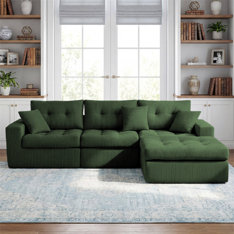 Canapé-lit en coin avec méridienne à compression Corduroy, canapé modulaire en forme de L avec éponge à haute densité, canapé convertible sans assemblage requis pour le salon, appartement, chambre d'amis