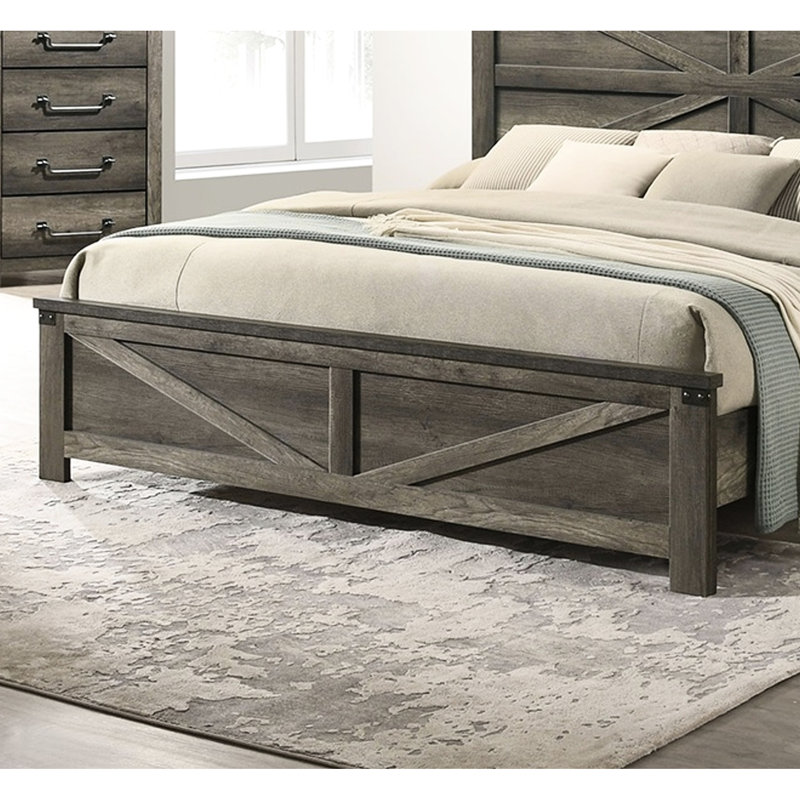 Grand lit rustique gris rustique avec bois d'ingénierie et métal, tête de lit, cadre simple de style chambre à coucher, finition en métal, papier contemporain
