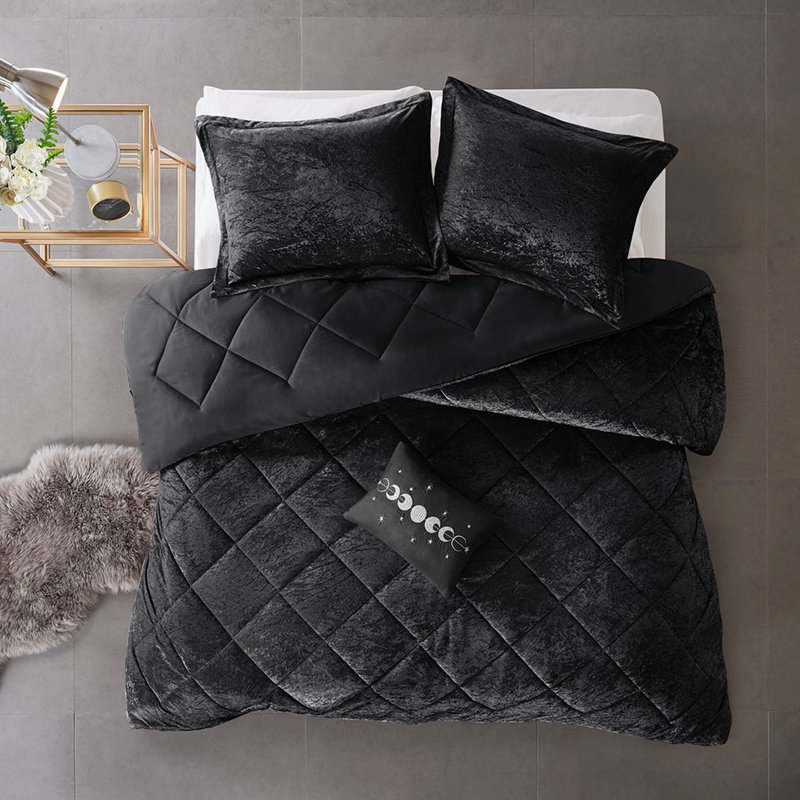 Édredon en velours noir pour lit simple / simple TG, matelassage losangé, lavable à la machine, coussin noir inclus