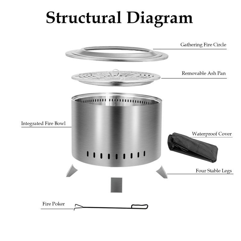 Stainless Steel 22" Portable Low Smoke Fire Pit with Cover & Poker