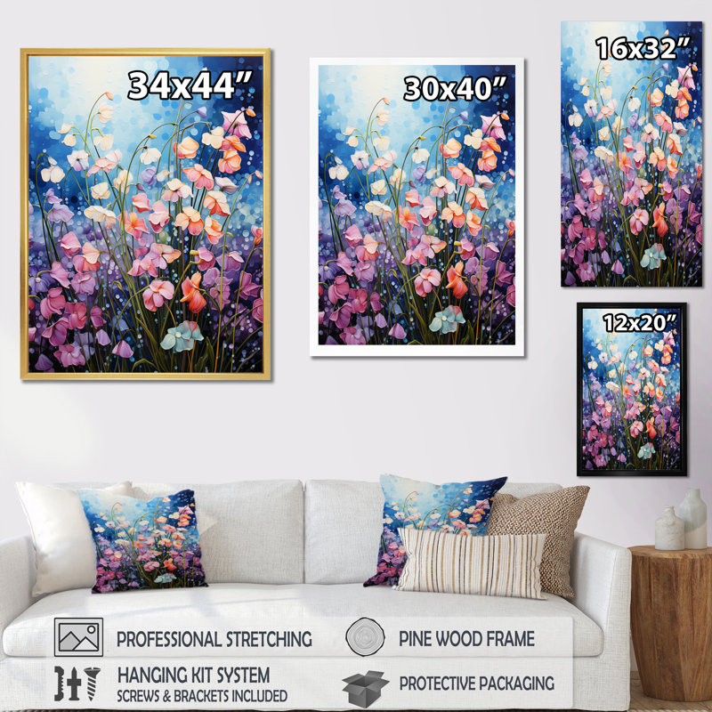 «Blue Pink Orchids Field Pointillism Dot», reproduction sur toile, Cadre flottant noir, H 32 po x l 16 po x P 1 po