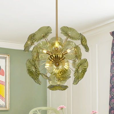 Lustre rond à 6 lumières en verre à pétales vert Murano Lilypad