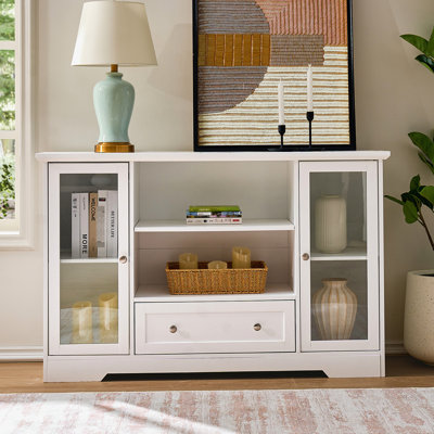 Buffet blanc de 51 po avec 2 portes en verre et tablettes ouvertes, rangement élégant pour les tiroirs multifonctionnels de la chambre à coucher, bureau de cuisine réglable