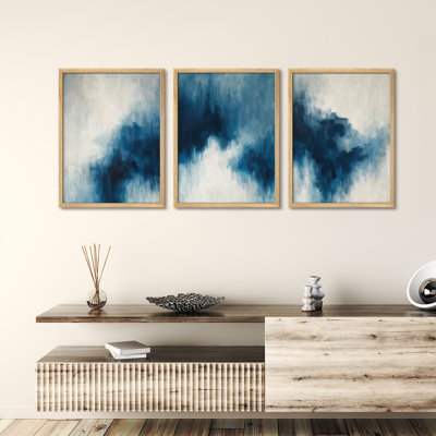 Blue Abstract Clouds Framed Print Wall Art Set - 3-Piece Ocean-Inspired Modern Painting with Navy and White Tones, Contemporary Artwork for Bedroom or Living Room Decor