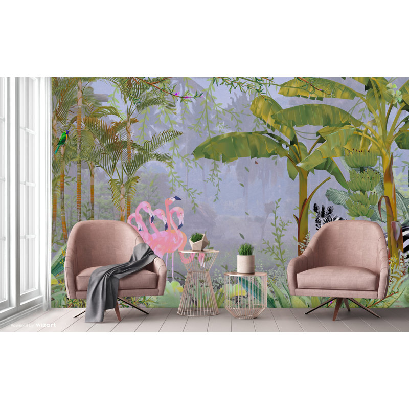 Papier peint exotique jungle tropicale, flamants roses et zèbre, Jaune, L 110,04 po x l 204 po