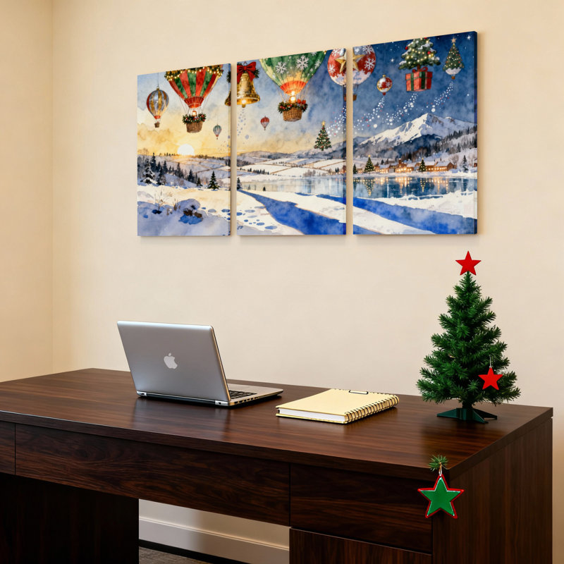 Ensemble de 3 tableaux sur toile représentant des montgolfières de Noël et un paysage d'hiver, H 30 po x l 60 po